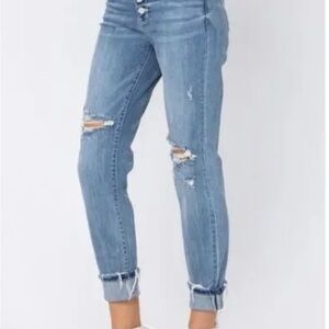 Judy Blue high-rise, button-fly, boyfriend-fit distressed medium wash 7/28